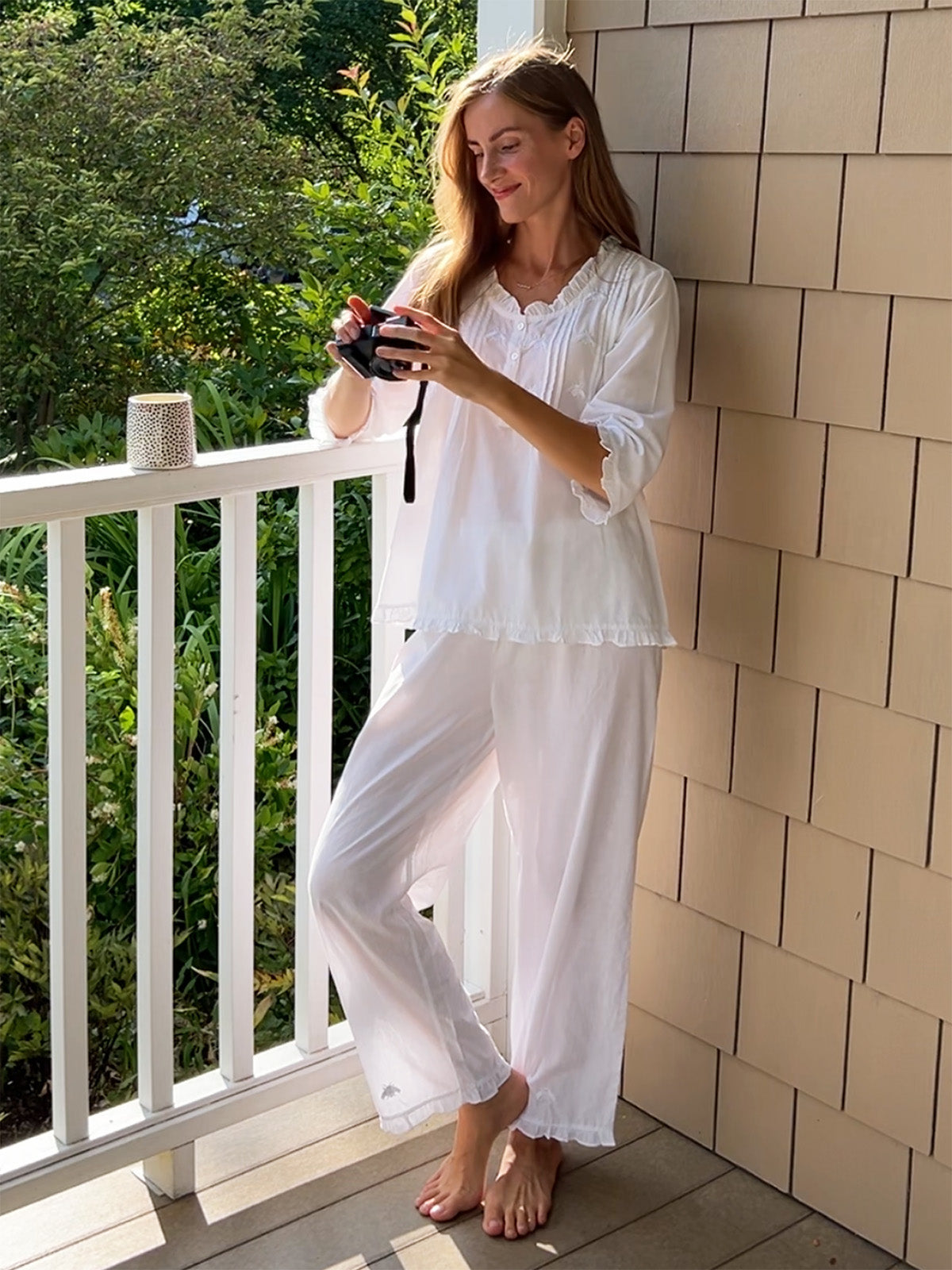 Caroline White Cotton Pajamas, Embroidered Napoleon Bees, Ruffle