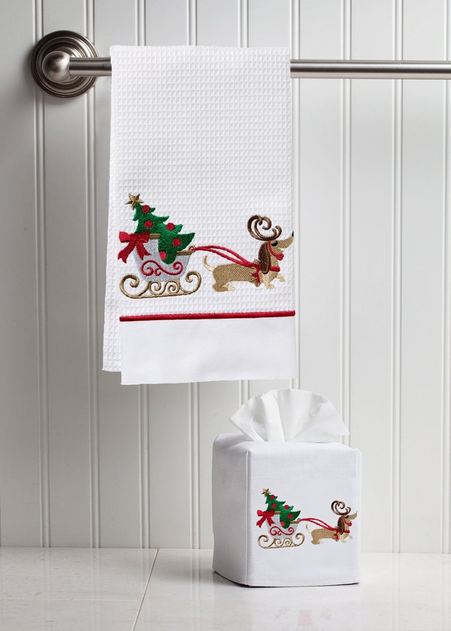 Guest Towel, Waffle Weave & Satin Trim, Christmas Dog Sleigh