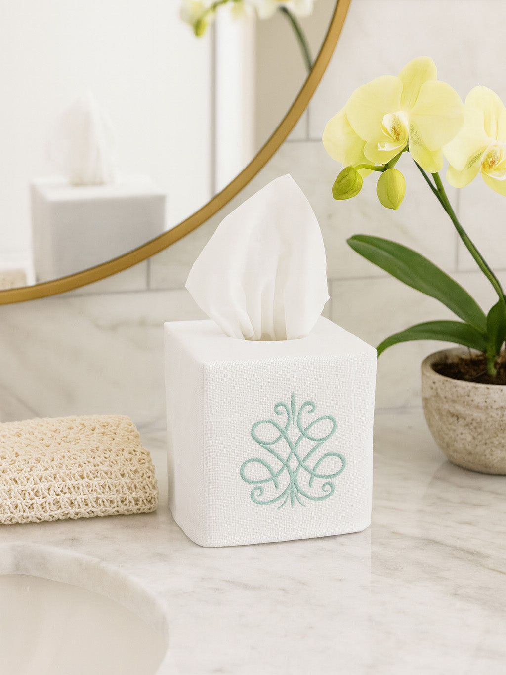 Tissue Box Cover, Embroidered Scrolls
