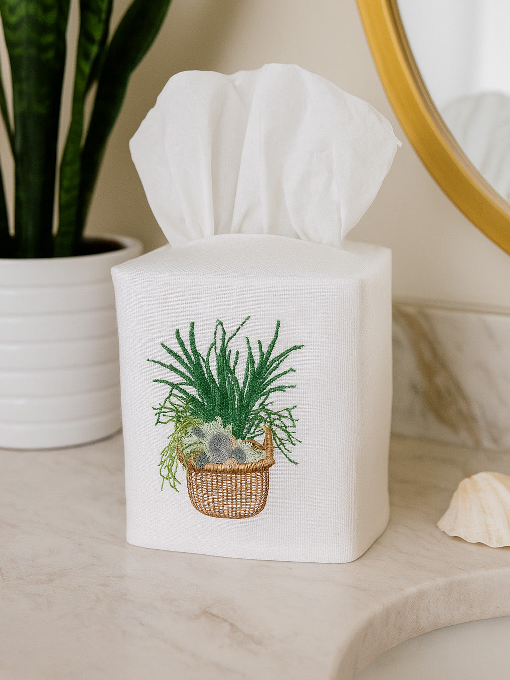 Tissue Box Cover, Seagrass & Seashells Basket