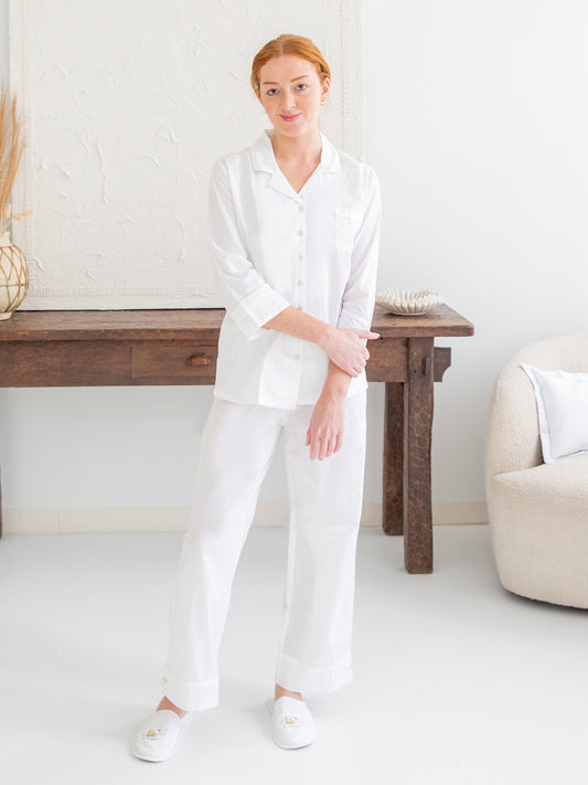 Laurie White Cotton Pajamas, Embroidered