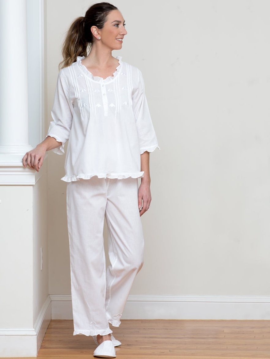 Caroline White Cotton Pajamas, Embroidered** - EL328 – Jacaranda