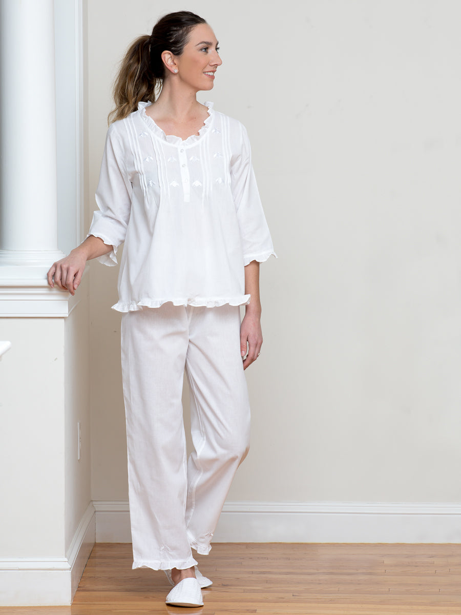 Caroline White Cotton Pajamas, Embroidered** - EL328 – Jacaranda Living