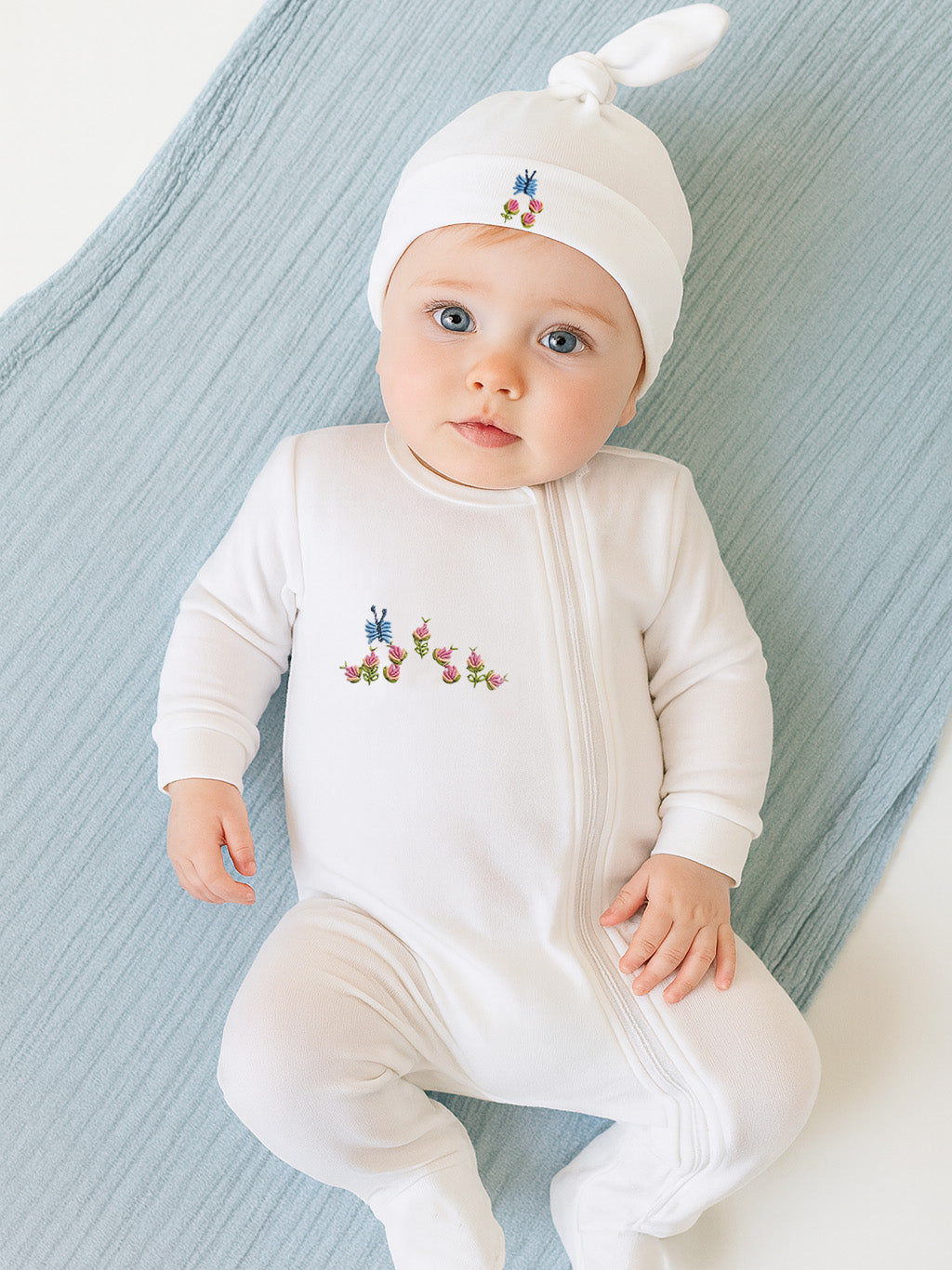 Knotted Baby Hat, Combed Cotton, Embroidered