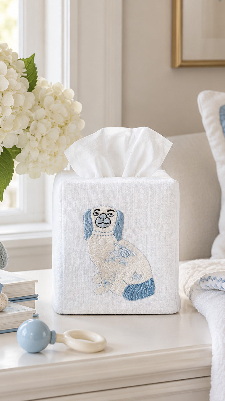Tissue Box Cover, Staffordshire Spaniel (Blue, White)
