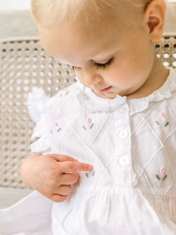 Rose White Cotton Dress, Embroidered