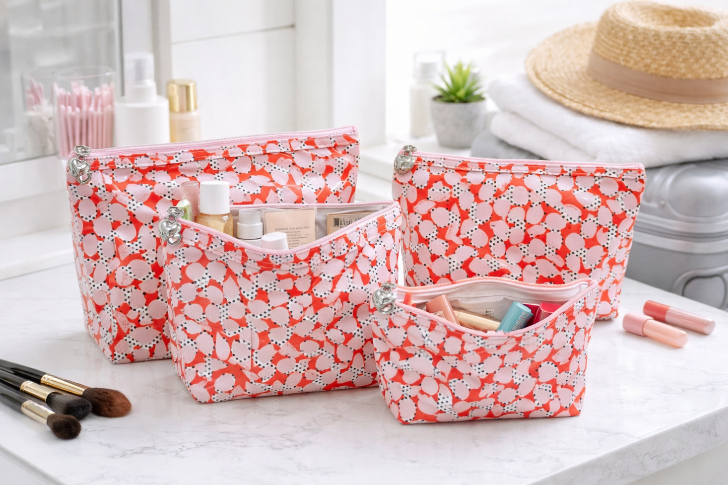 Set of three floral-patterned makeup bags on a bathroom counter with various items.
