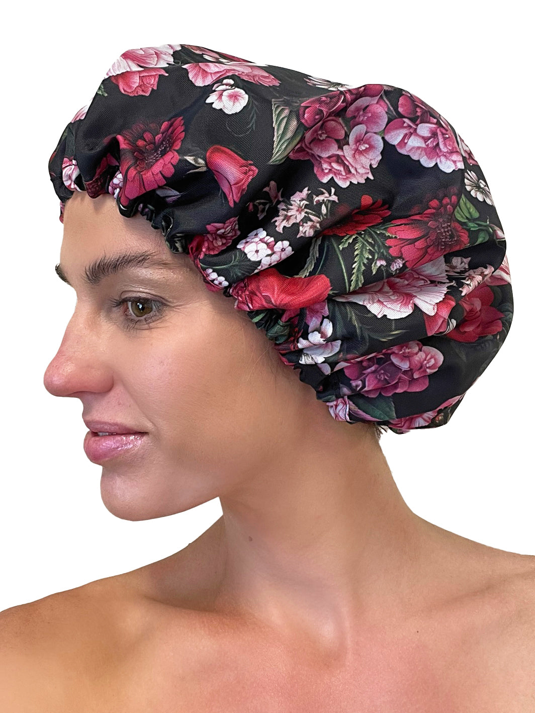 Shower Cap, Peony Design (Black)