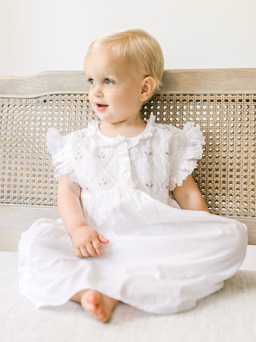 Rose White Cotton Dress, Embroidered