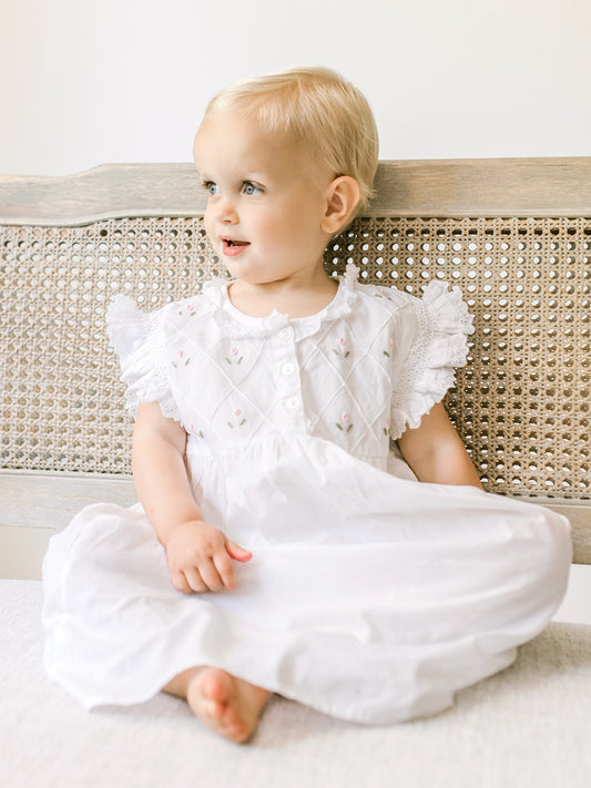 Rose White Cotton Dress, Embroidered