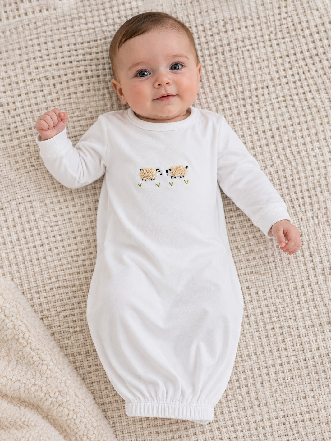 Baby Gown, Combed Cotton, Embroidered Cream Sheep
