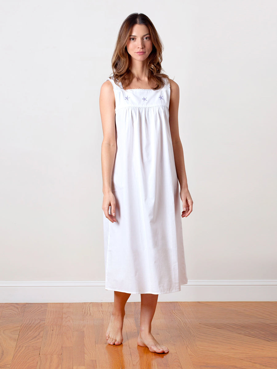 Starfish White Cotton Nightgown, Embroidered