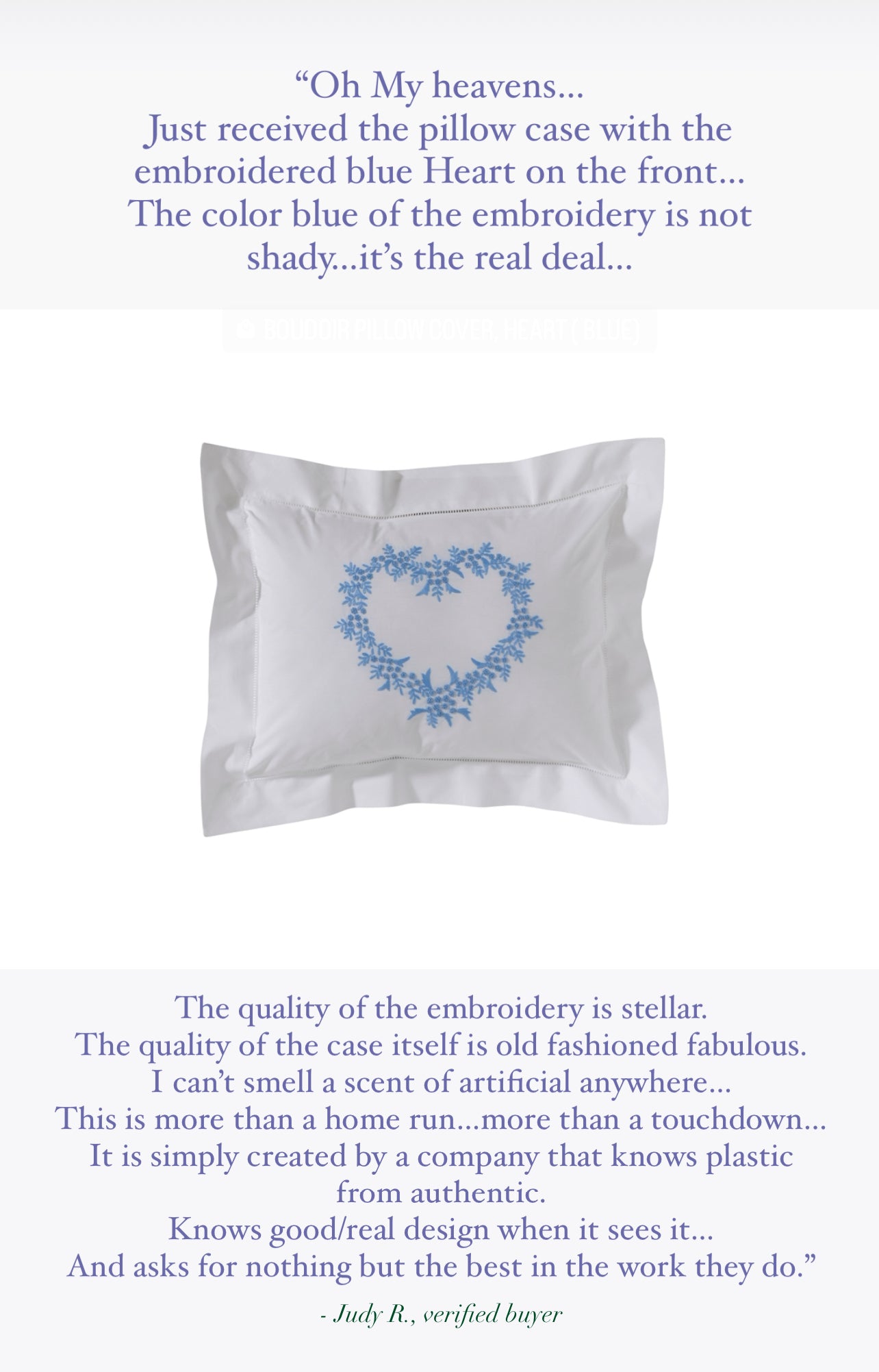 Boudoir Pillow Cover, Embroidered with Hem Stitch Border - Heart (Wedgewood Blue)