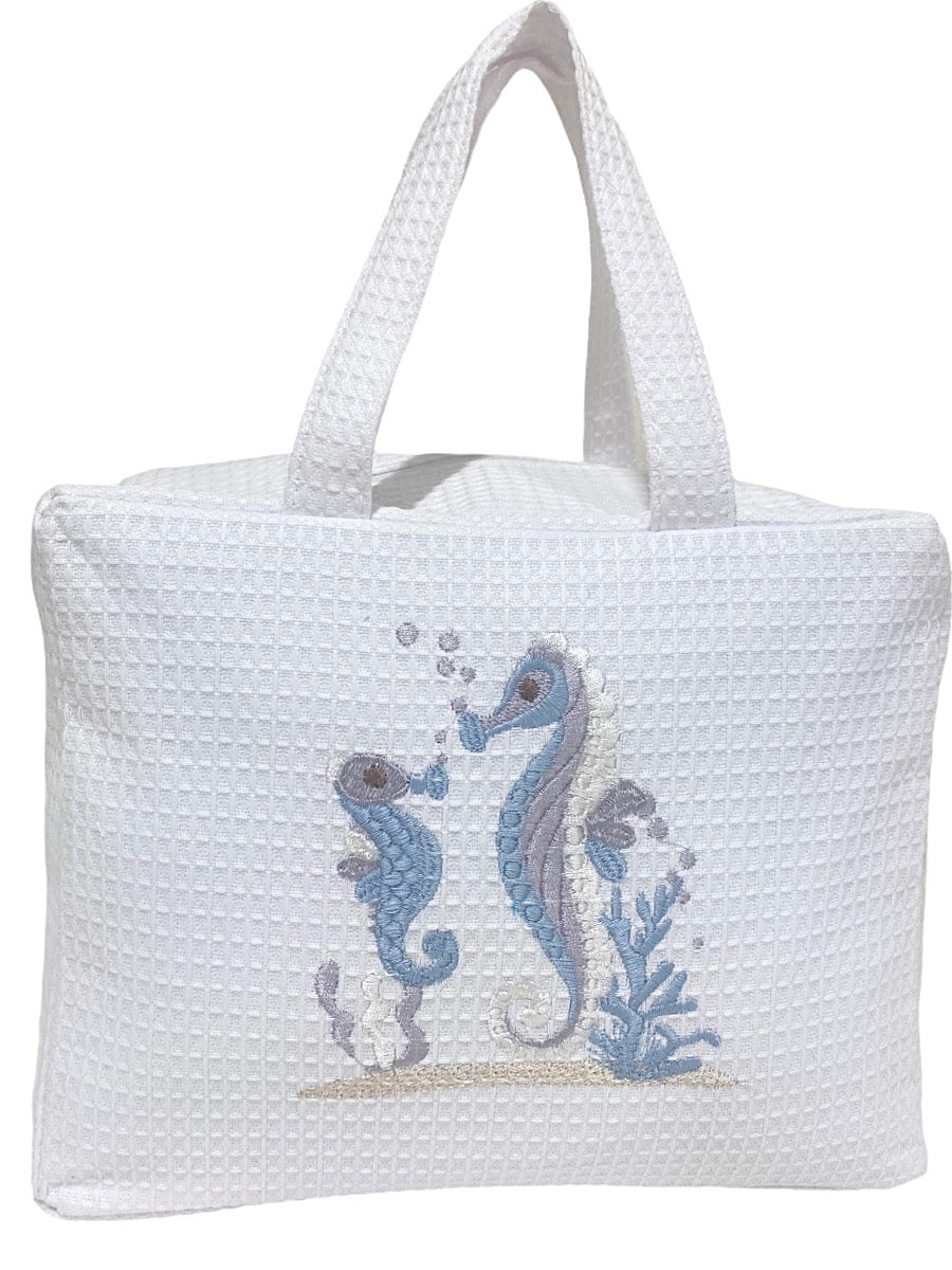 Cosmetic Case, Waffle Weave, Seahorse & Baby (Duck Egg Blue)