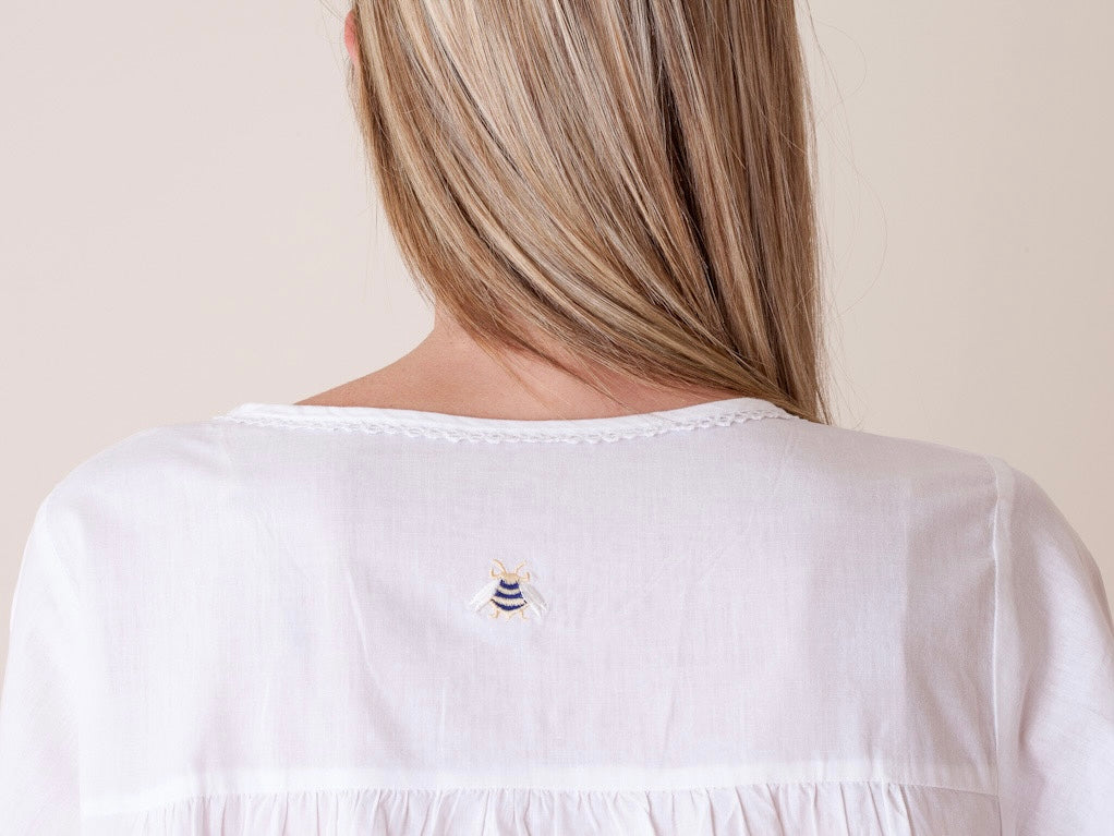Bee White Cotton Nightgown, Embroidered (Bee - Gold/Navy)