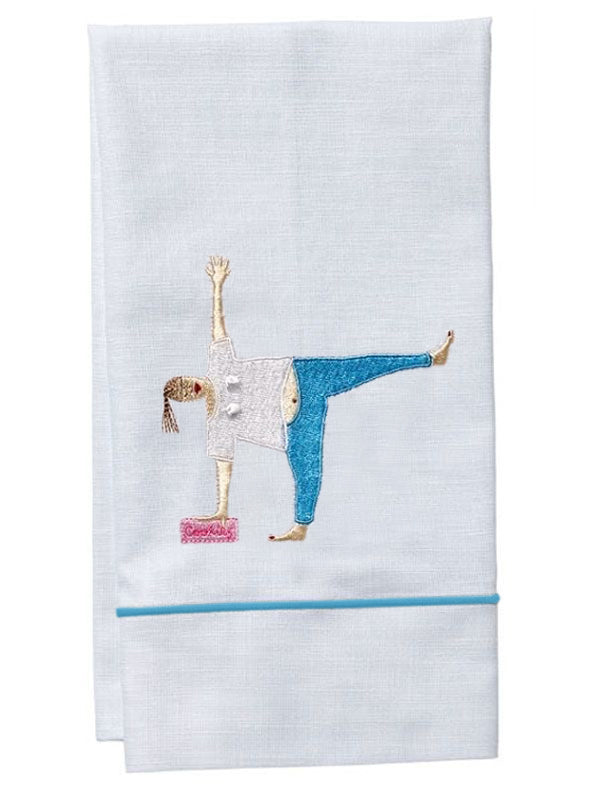 Guest Towel, White Linen, Satin Stitch, Yoga Cookies Lady