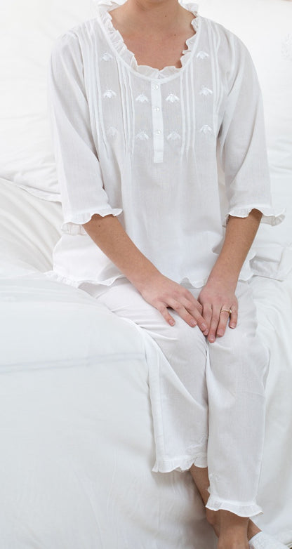 Caroline White Cotton Pajamas, Embroidered