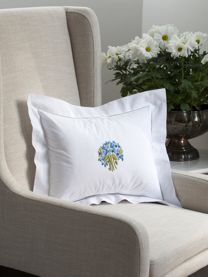 Boudoir Pillow Cover, Embroidered with Hem Stitch - Floral Bouquet (Blue)