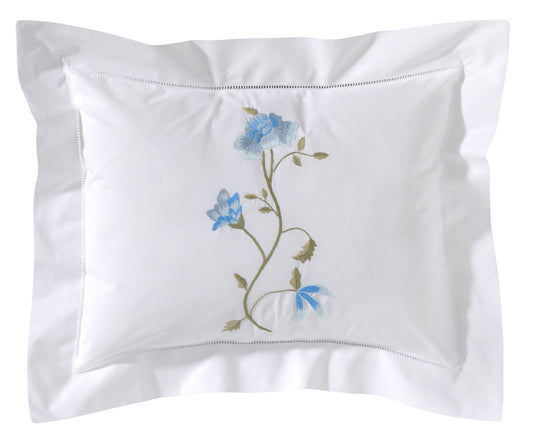 Boudoir Pillow Cover, Embroidered with Hem Stitch - Floral Vine (Blue, Sage)