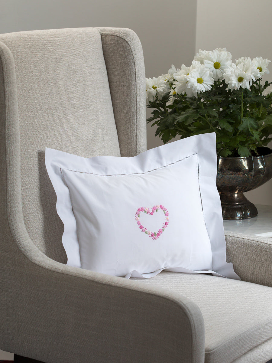 Boudoir Pillow Cover, Embroidered with Hem Stitch Border - Rosebuds Heart (Pink)