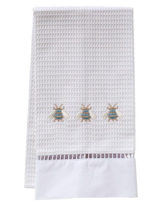 Guest Towel, Waffle Weave, Three Napoleon Bees (Duck Egg Blue)