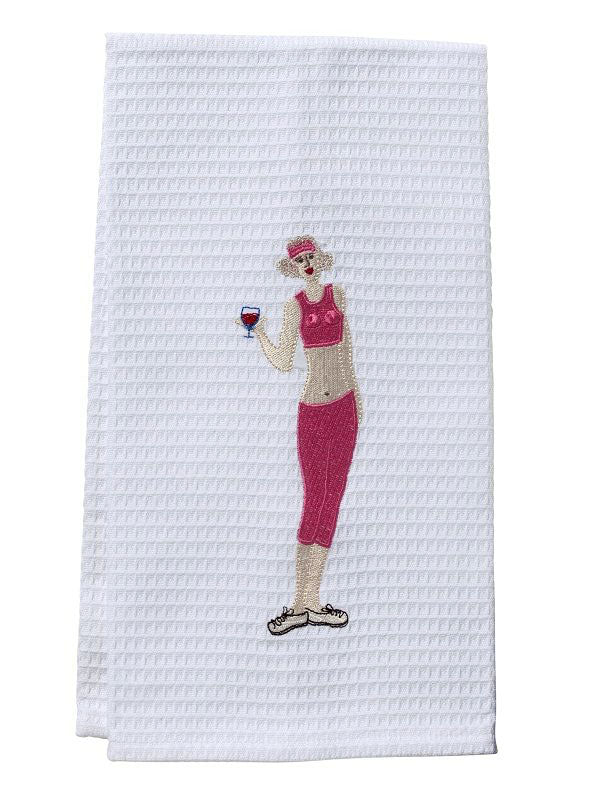 Guest Towel, Waffle Weave, Wine Workout Girl (Pink)