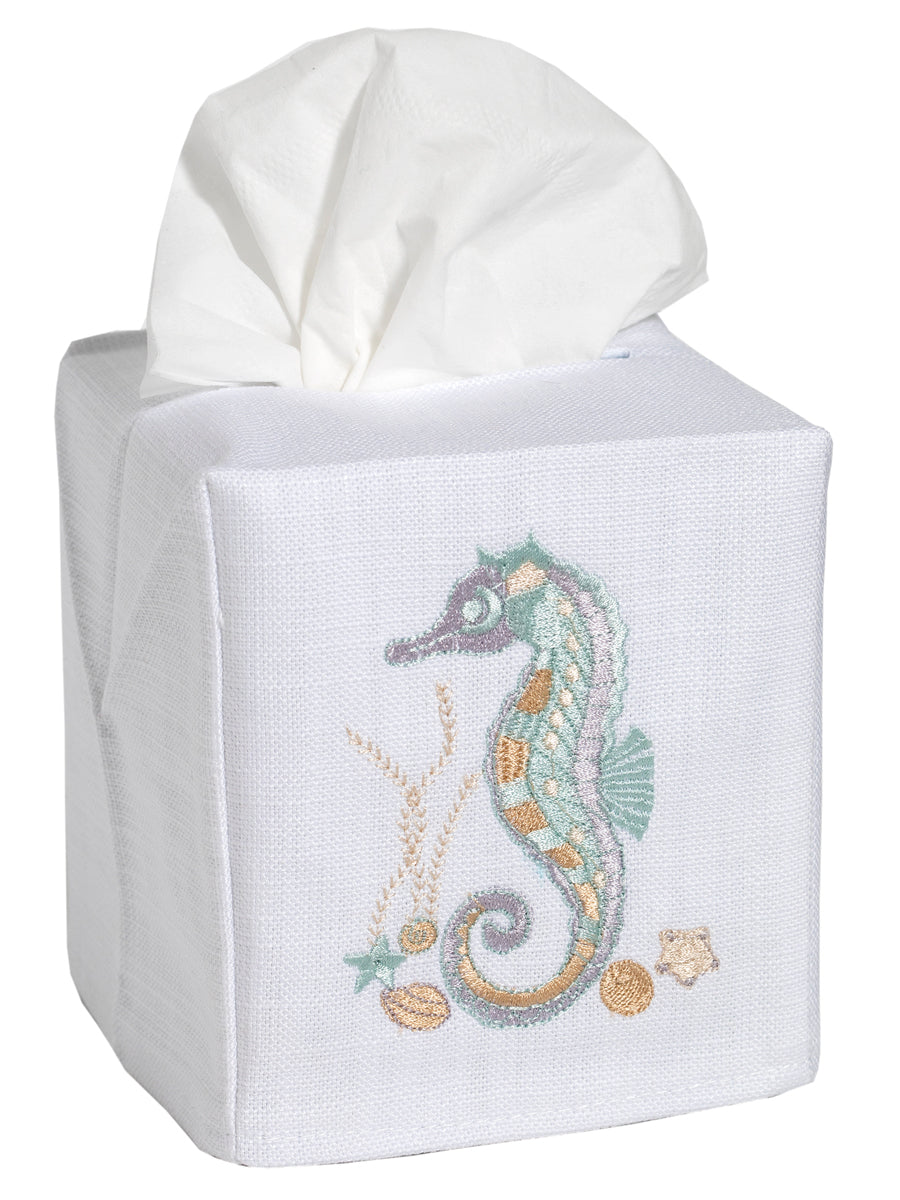 Tissue Box Cover, Seahorse & Shells (Duck Egg Blue)