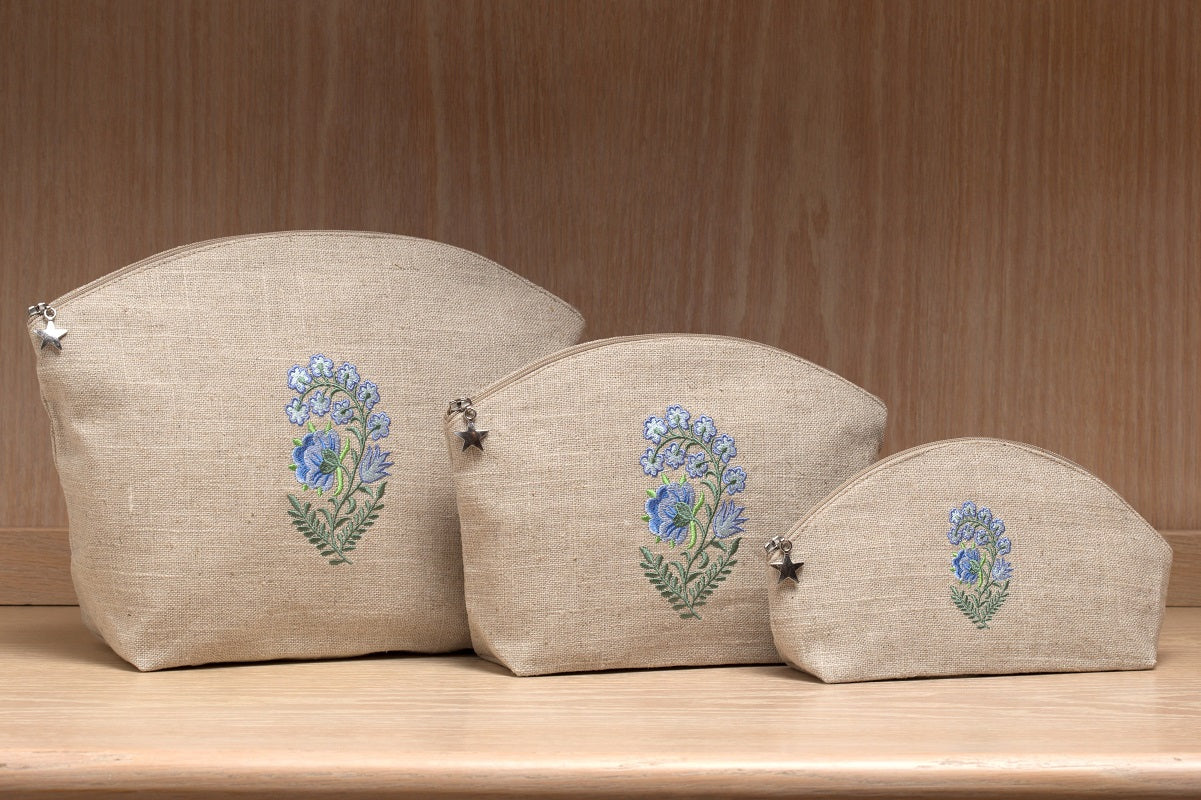 Cosmetic Bag, Natural Linen (Medium), Fleur (Blue)