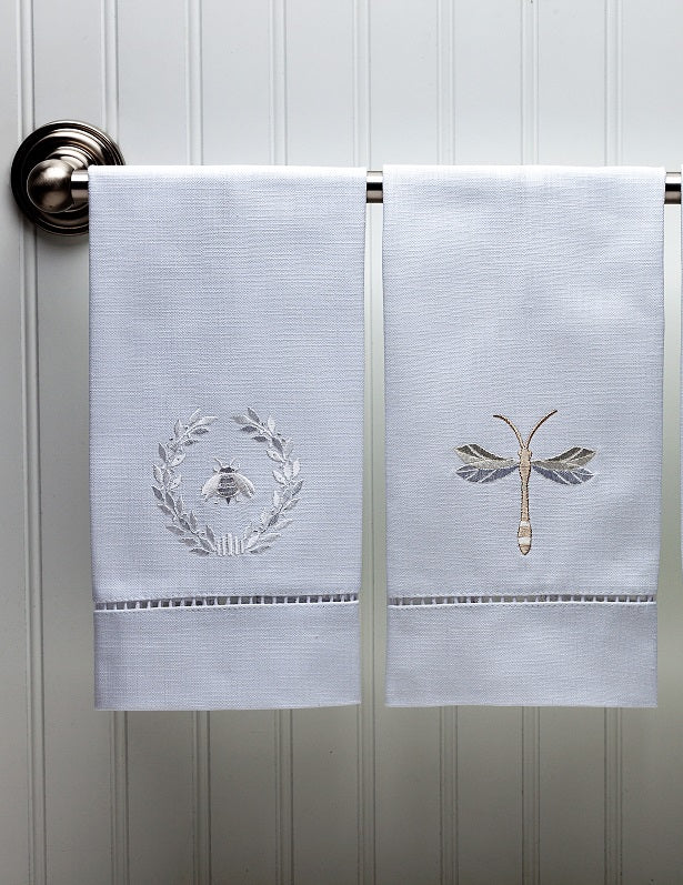 Guest Towel, White Linen/Cotton & Ladder Lace, Twilight Dragonfly (Beige)