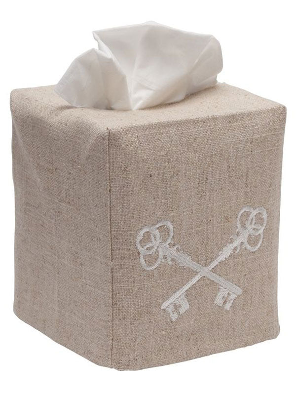 Tissue Box Cover, Natural Linen, Crossed Keys (Beige)