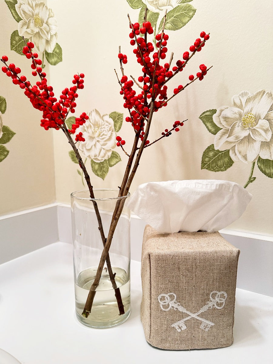 Tissue Box Cover, Natural Linen, Crossed Keys (Beige)