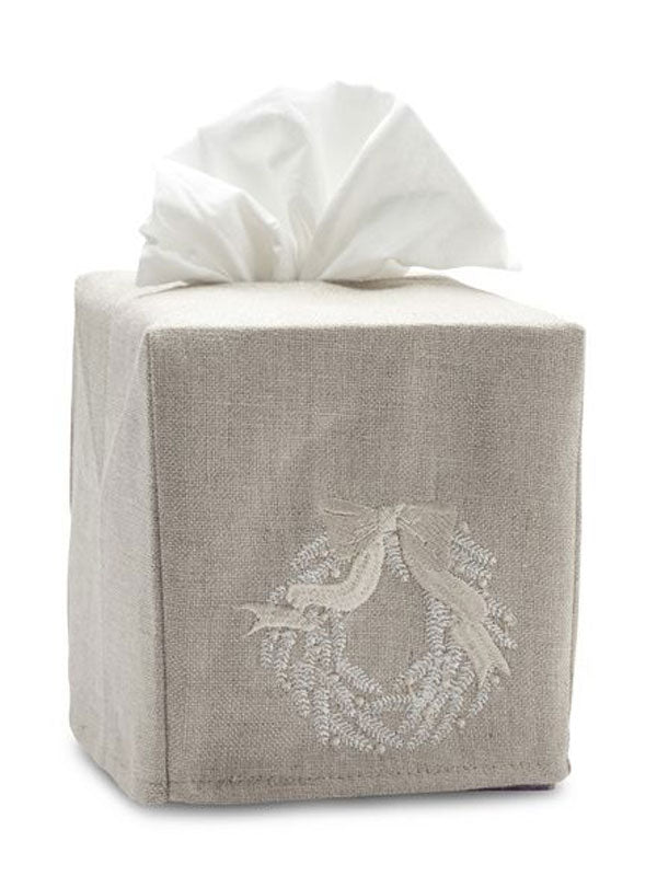 Tissue Box Cover, Natural Linen, Christmas Wreath (Beige)