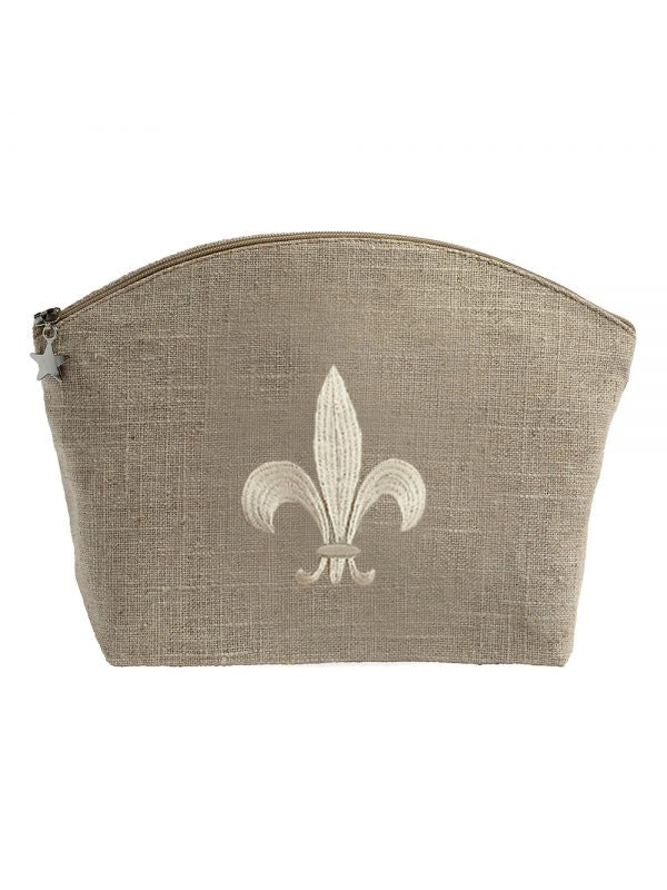 Cosmetic Bag, Natural Linen (Medium), Fleur de Lis (Beige)