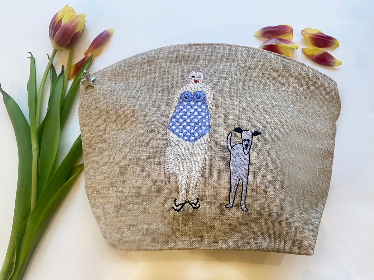 Cosmetic Bag, Natural Linen (Large), Bathing Lady & Dog (Blue)