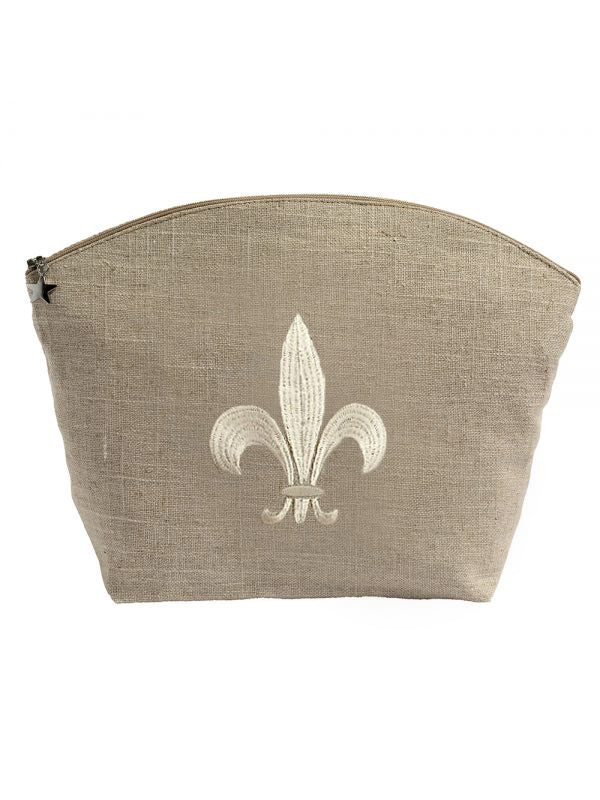 Cosmetic Bag, Natural Linen (Large), Fleur de Lis (Beige)