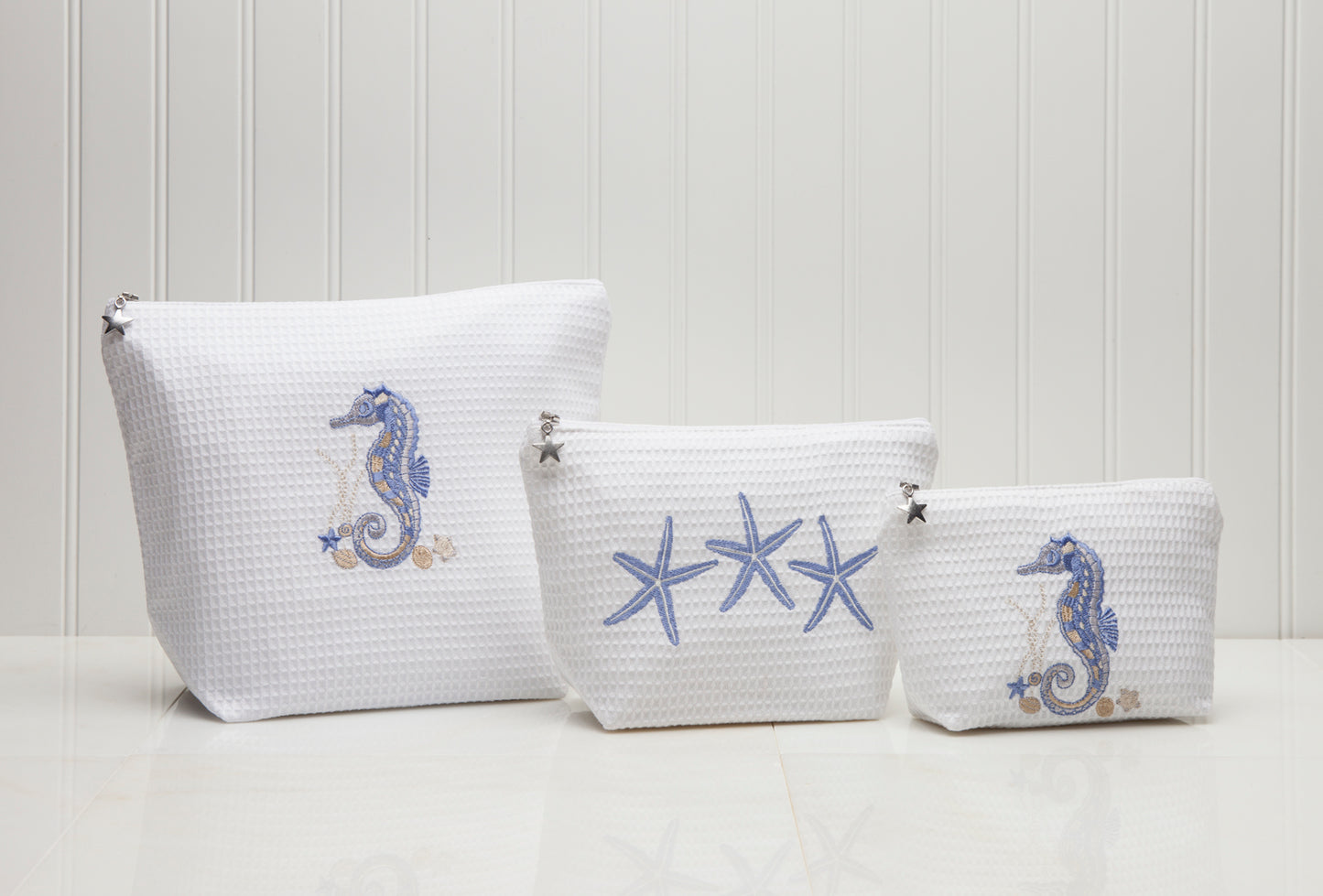 Cosmetic Bag (Medium), Waffle Weave, Seahorse & Shells (Blue)
