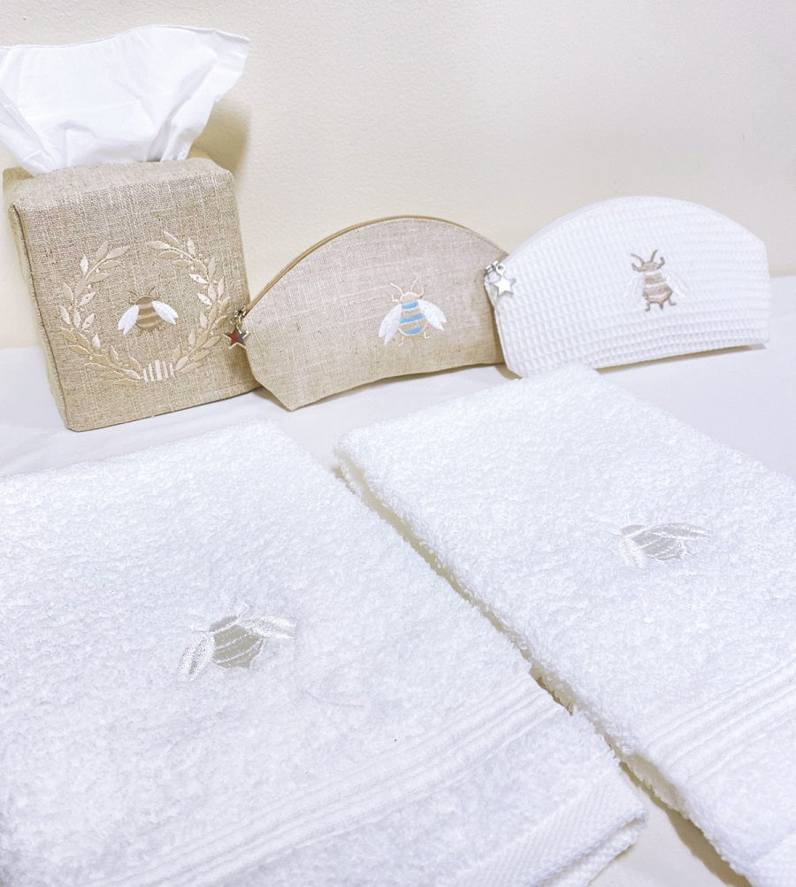 Cosmetic Bag, Natural Linen (Small), Napoleon Bee (Duck Egg Blue)