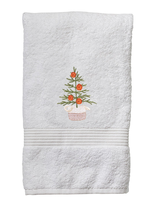 Hand Towel, White Cotton Terry, Oranges for Christmas