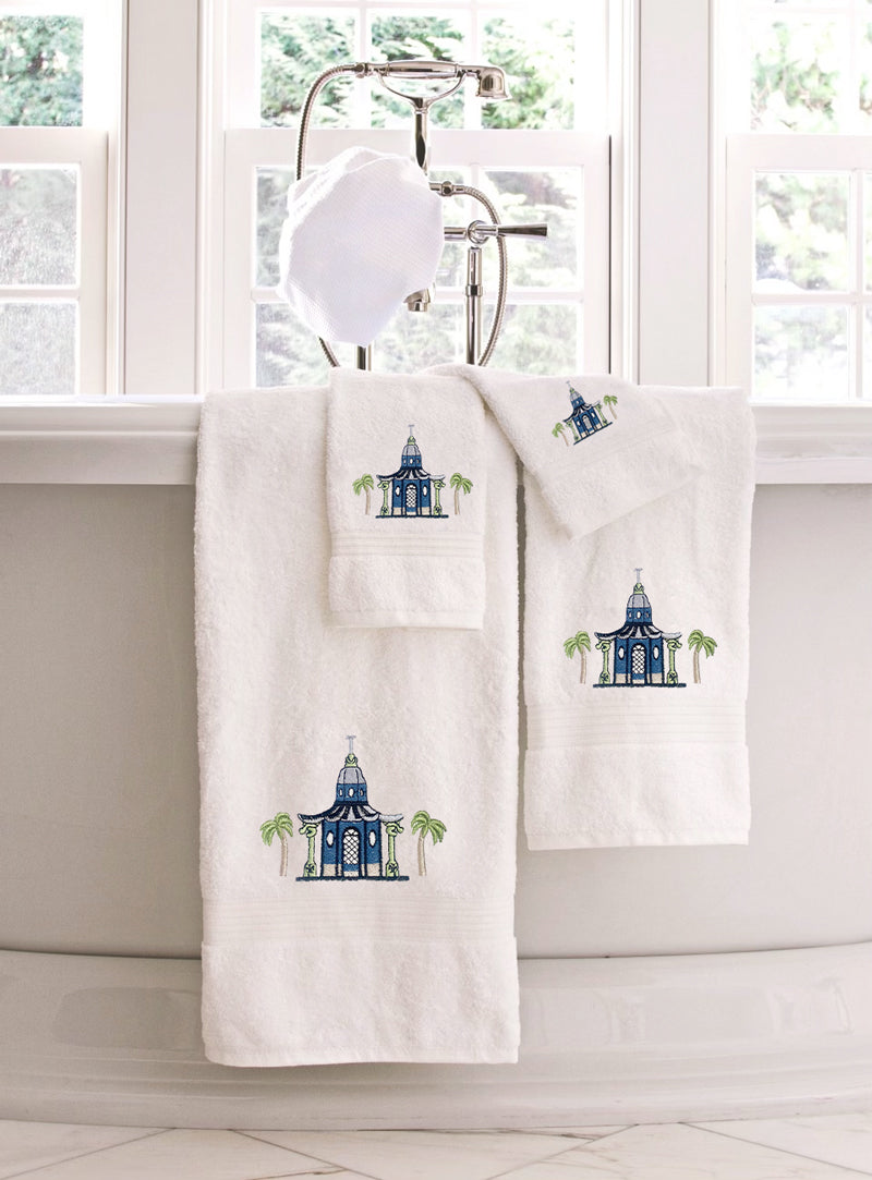 Hand Towel, White Cotton Terry, Pagoda & Palm Trees