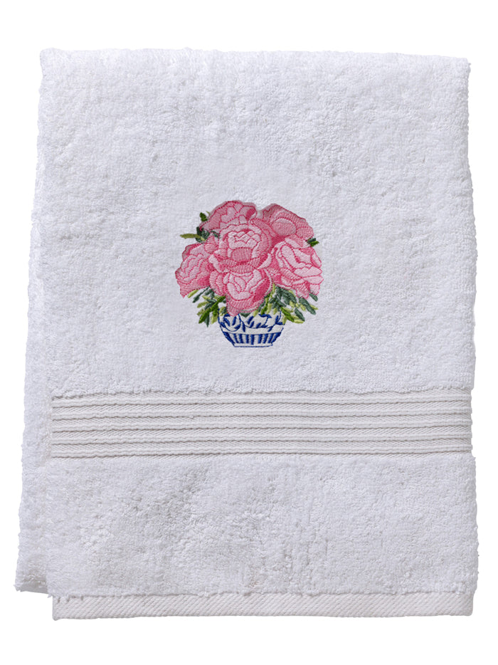Bath Towel, White Cotton Terry, Pot of Peonies (Pink)