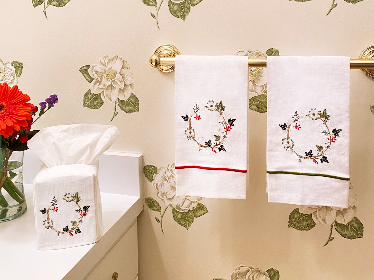 Guest Towel, White Linen, Satin Stitch, Ivy & Holly Wreath (Red)