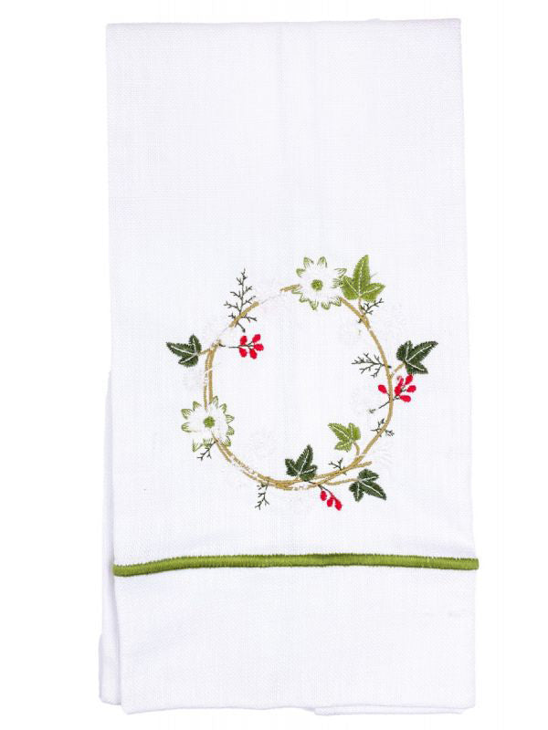 Guest Towel, White Linen, Satin Stitch, Ivy & Holly Wreath (Olive)