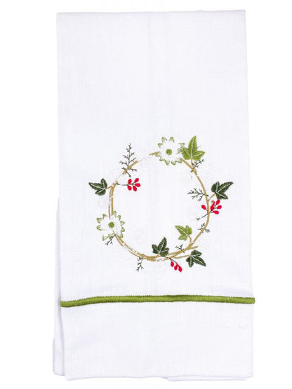 Guest Towel, White Linen, Satin Stitch, Ivy & Holly Wreath (Olive)
