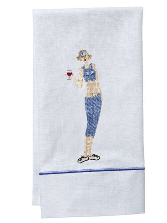 Guest Towel, White Linen, Satin Stitch, Wine Workout Girl (Blue)