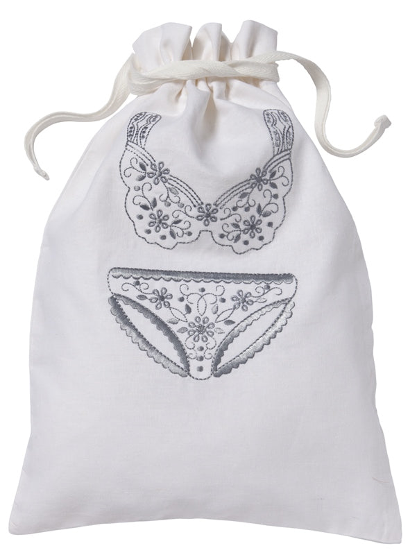 Lingerie Bag, White Cotton/Linen, Flower Bikini (Pewter)