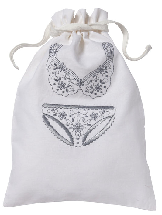 Lingerie Bag, White Cotton/Linen, Flower Bikini (Pewter)