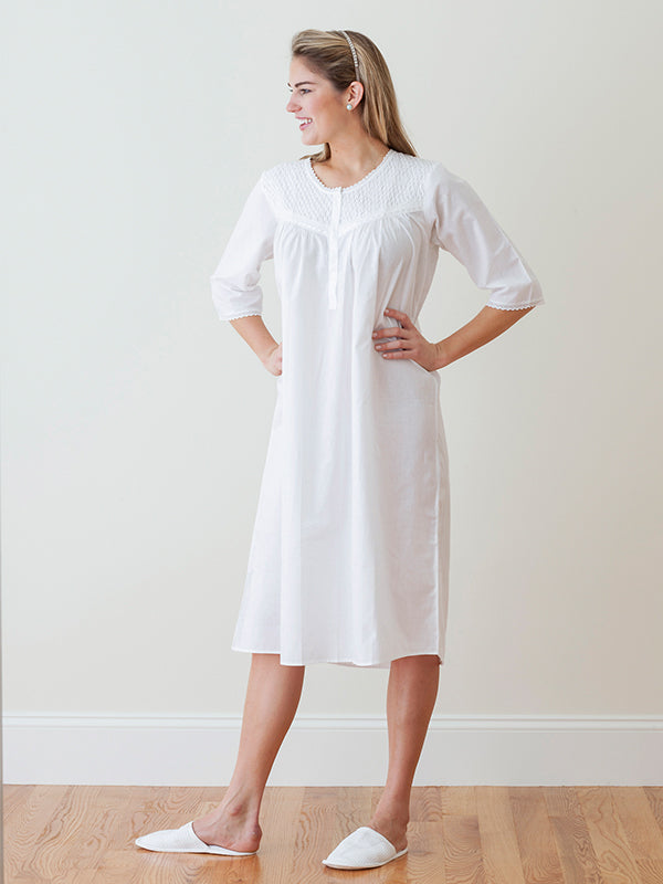 Liz White Cotton Nightgown, Smocking & Lace
