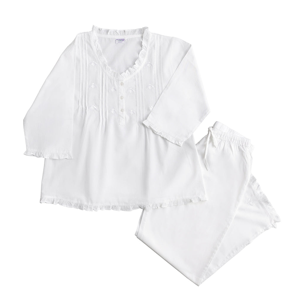 Caroline White Cotton Pajamas, Embroidered