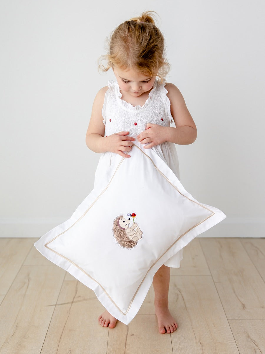 Noa White Cotton Dress, Smocked with Hand Embroidery