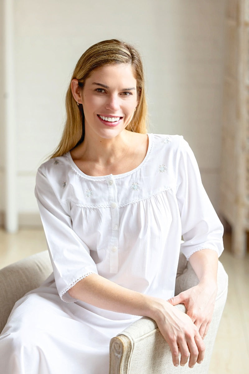 Bee White Cotton Nightgown, Embroidered
